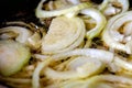 Fried onions in a frying pan. Roasting the chopped onion in oil. Royalty Free Stock Photo