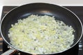 Fried onions in a pan closeup Royalty Free Stock Photo