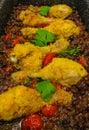 Fried in the oven crispy chicken legs with gray peas Royalty Free Stock Photo