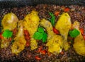 Fried in the oven crispy chicken legs with gray peas Royalty Free Stock Photo