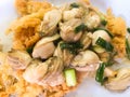 Fried Oyster Omelette Served on hot pan.Chinese Food in Thailand.Crispy oyster omelette Royalty Free Stock Photo