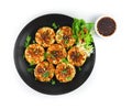 Fried Pan Steamed Bun or Sheng Jian Bao with Spicy Red Chili Oil Sauce filled with Mince Pork Royalty Free Stock Photo