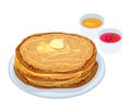 Fried pancakes, blini or crepes lying on plate with butter, jam and honey isolated on white background. Traditional meal Royalty Free Stock Photo