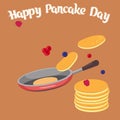 Fried pancakes in a frying pan, fresh berries. Beautiful design for happy Pancake Day. Bakery, homemade food, diy concept