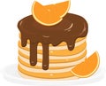 Fried pancakes on a plate. Pancakes drizzled with chocolate, slices of orange, dessert for lunch. Nice card design for Happy