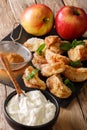 Fried pieces of apples with cinnamon close-up on a table with cr Royalty Free Stock Photo