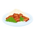 Fried pieces of meat with boiled rice, green peas.