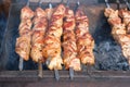 Fried pieces of meat on skewers are roasted on grill at festival outdoor. Shish kebab national cuisine of Central Asia and middle Royalty Free Stock Photo