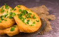 Fried pies with meat on a gray background. Close-up. Royalty Free Stock Photo
