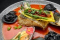 Fried pike-perch fillet with mussels and asparagus Royalty Free Stock Photo