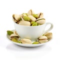 Fried Pistachio Nuts in White Mug, Baked Pistachios Pile, Salt Pistache in Tea Cup on White Background Royalty Free Stock Photo