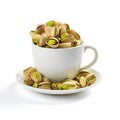 Fried Pistachio Nuts in White Mug, Baked Pistachios Pile, Salt Pistache in Tea Cup on White Background