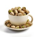 Fried Pistachio Nuts in White Mug, Baked Pistachios Pile, Salt Pistache in Tea Cup on White Background