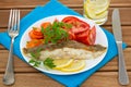 Fried plaice with lemon, salad and glass of water Royalty Free Stock Photo