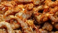 Fried pork with garlic fried. Asian food. Thai cuisine. Closeup dried chopped pork fried. Breakfast or lunch appetizer food