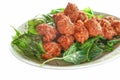 Fried pork minced balls with fried basil on white background Royalty Free Stock Photo