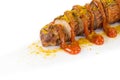 Fried pork sausage with curry ketchup and curry powder, isolated Royalty Free Stock Photo