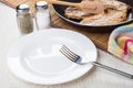 Fried pork schnitzel in frying pan, salt, pepper, empty plate