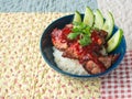 Fried pork on steam rice with sliced cucumber and parsley