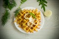 fried potato cheese vegetable waffles with bacon and onions Royalty Free Stock Photo