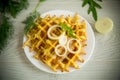 fried potato cheese vegetable waffles with bacon and onions Royalty Free Stock Photo