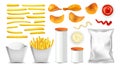 Fried Potato, Chips, Packages And Sauce Set Vector