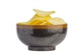 fried potato chips snack in bowl isolated on white background, Junk food. File contains a clipping path. Royalty Free Stock Photo