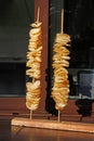 Fried potato chips on a thin wooden stick