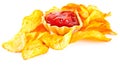 Fried potato chips and tomato ketchup