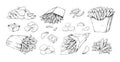 Fried potato. Hand drawn French fries. Vegetable dips and chips. Isolated black and white sketch of fast food in paper Royalty Free Stock Photo