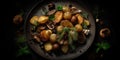 fried potato with mushrooms professional photo of cooked food studio light instagram sharp detailed image