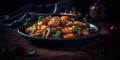 fried potato with mushrooms, professional photo of cooked food studio light instagram sharp detailed image