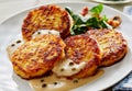 Fried Potato Pancakes in Creamy Sauce with Salad Royalty Free Stock Photo