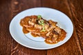 Fried potato pancakes with meat sauce Royalty Free Stock Photo