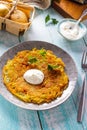 Fried potato pancakes on the old wooden background top view Royalty Free Stock Photo