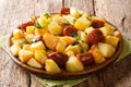 Fried potato recipe with spicy sausages and fresh parsley close-up in a plate. horizontal Royalty Free Stock Photo