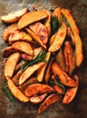 Fried potato slices , homemade , on parchment,burned , top view, close-up,