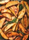 Fried potato slices , homemade , on parchment,burned , top view, close-up,