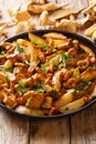 Fried potato wedges with wild chanterelle mushrooms close-up on a plate. vertical Royalty Free Stock Photo