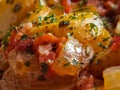 Fried potatoes with bacon cubes and fried eggs Royalty Free Stock Photo