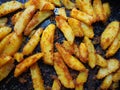 Fried potatoes or French fries with turmeric, curry and bread crumbs. Close-up. Delicious side dish. Bakery potatoes