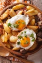 Fried potatoes with meat, bacon and eggs close-up vertical top Royalty Free Stock Photo