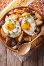 Fried potatoes with meat and eggs close-up in a bowl. vertical t Royalty Free Stock Photo