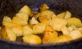 Fried potatoes in a pan with golden brown color. Melted butter