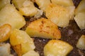 Fried potatoes in a pan with golden brown color. Melted butter