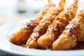 Fried prawn ball or Tempura Shrimps close up with dipping sauce Royalty Free Stock Photo