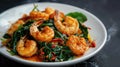 Fried prawns or shrimps with spinach, chili and garlic in white plate Royalty Free Stock Photo