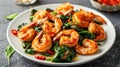 Fried prawns or shrimps with spinach, chili and garlic in white plate Royalty Free Stock Photo