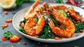 Fried prawns or shrimps with spinach, chili and garlic in white plate Royalty Free Stock Photo