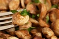 Fried Puffball Mushrooms On A White Plate With A Fork. Fried Mushroom Ready Dish, Close Up